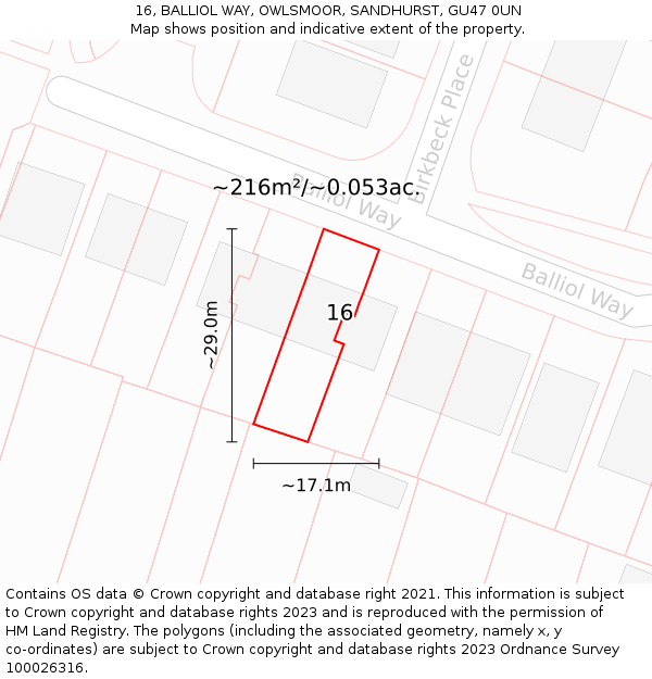 16, BALLIOL WAY, OWLSMOOR, SANDHURST, GU47 0UN: Plot and title map