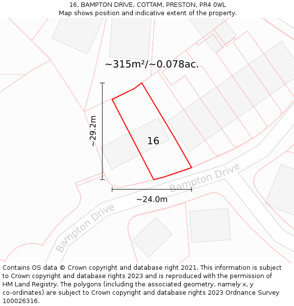 16, BAMPTON DRIVE, COTTAM, PRESTON, PR4 0WL: Plot and title map