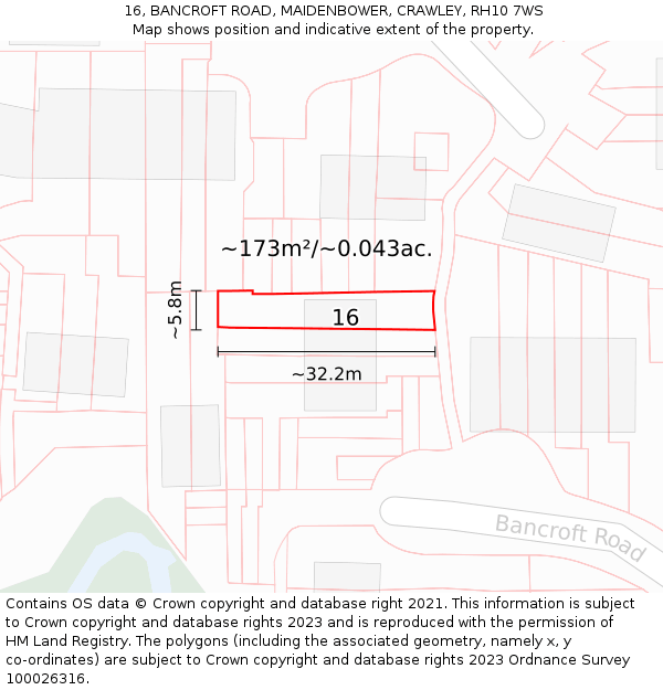 16, BANCROFT ROAD, MAIDENBOWER, CRAWLEY, RH10 7WS: Plot and title map