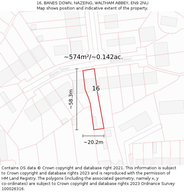 16, BANES DOWN, NAZEING, WALTHAM ABBEY, EN9 2NU: Plot and title map