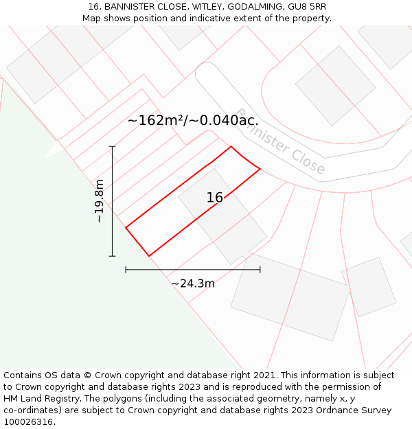 16, BANNISTER CLOSE, WITLEY, GODALMING, GU8 5RR: Plot and title map
