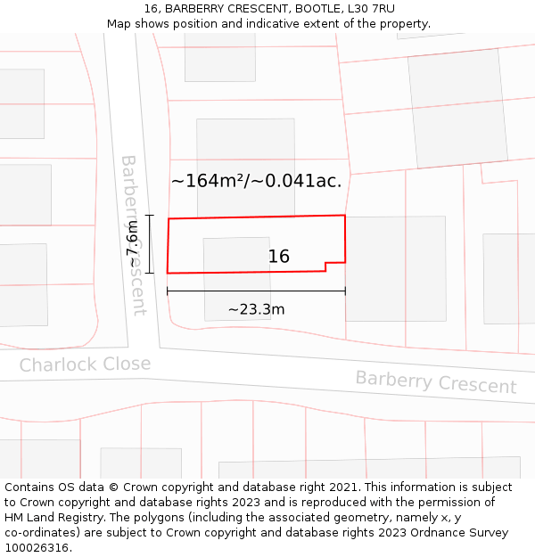 16, BARBERRY CRESCENT, BOOTLE, L30 7RU: Plot and title map