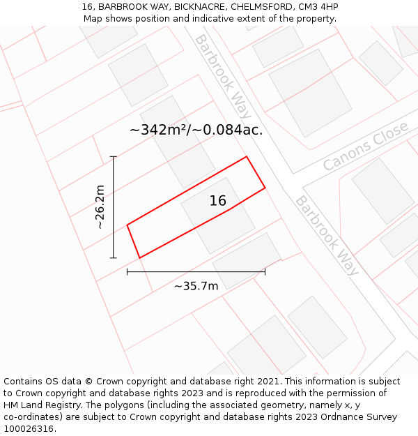 16, BARBROOK WAY, BICKNACRE, CHELMSFORD, CM3 4HP: Plot and title map