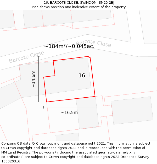 16, BARCOTE CLOSE, SWINDON, SN25 2BJ: Plot and title map