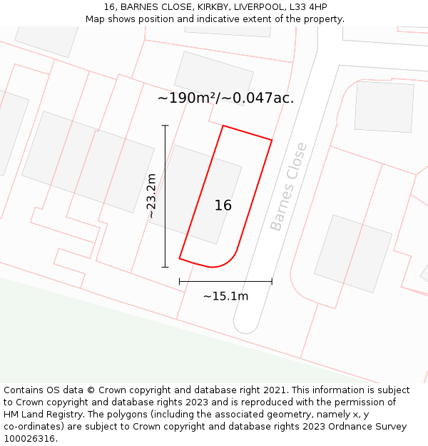 16, BARNES CLOSE, KIRKBY, LIVERPOOL, L33 4HP: Plot and title map