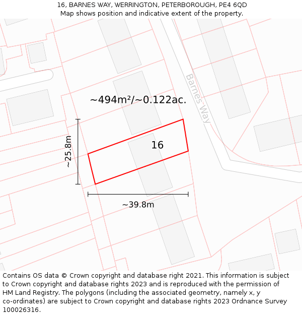 16, BARNES WAY, WERRINGTON, PETERBOROUGH, PE4 6QD: Plot and title map