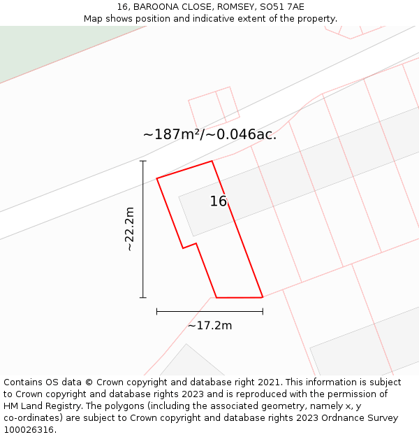 16, BAROONA CLOSE, ROMSEY, SO51 7AE: Plot and title map