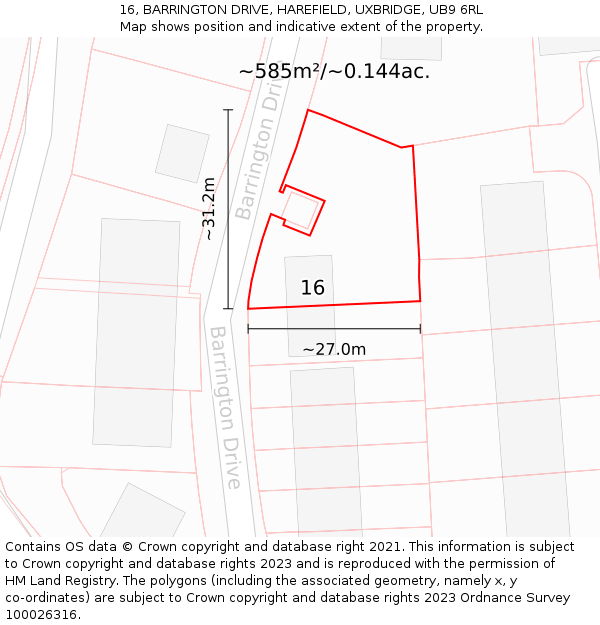 16, BARRINGTON DRIVE, HAREFIELD, UXBRIDGE, UB9 6RL: Plot and title map