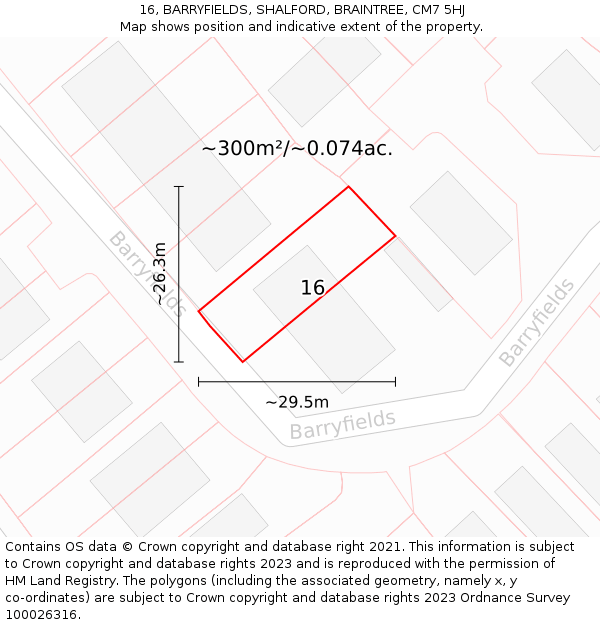 16, BARRYFIELDS, SHALFORD, BRAINTREE, CM7 5HJ: Plot and title map