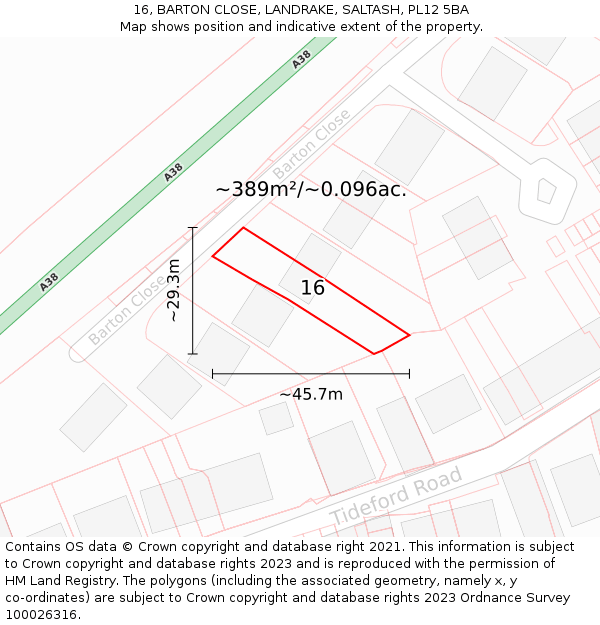 16, BARTON CLOSE, LANDRAKE, SALTASH, PL12 5BA: Plot and title map