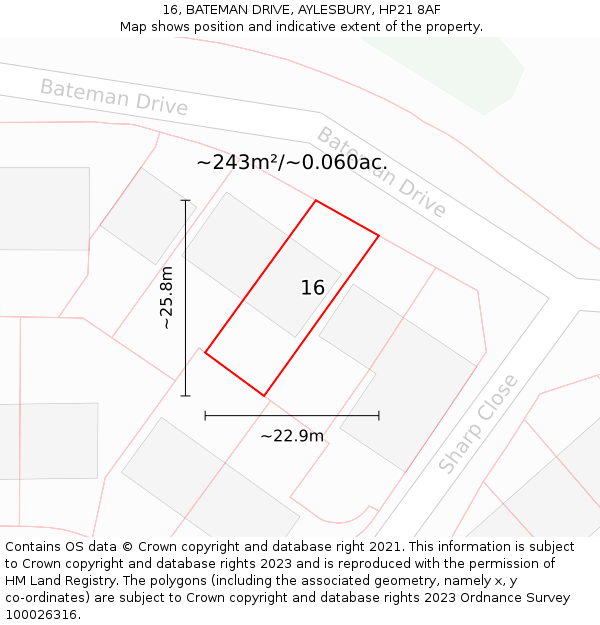 16, BATEMAN DRIVE, AYLESBURY, HP21 8AF: Plot and title map