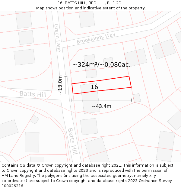 16, BATTS HILL, REDHILL, RH1 2DH: Plot and title map