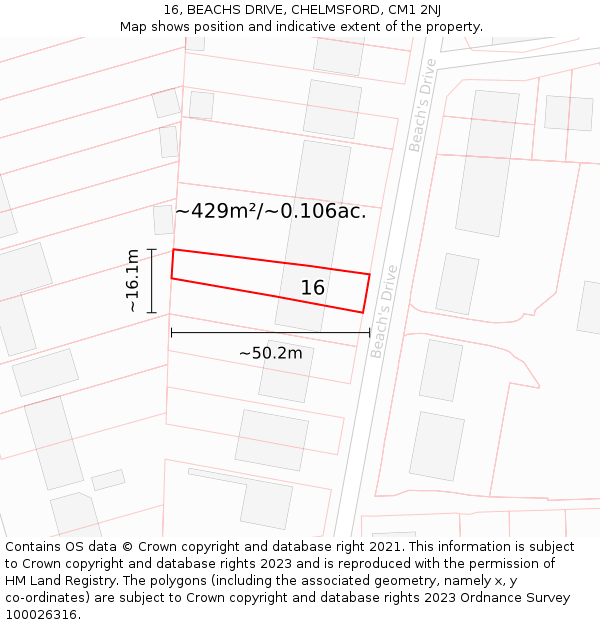 16, BEACHS DRIVE, CHELMSFORD, CM1 2NJ: Plot and title map