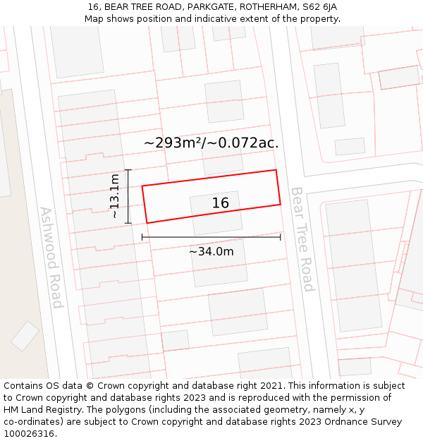 16, BEAR TREE ROAD, PARKGATE, ROTHERHAM, S62 6JA: Plot and title map