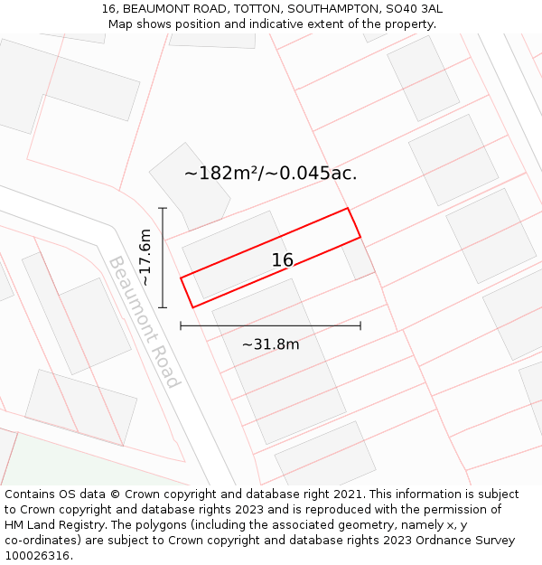 16, BEAUMONT ROAD, TOTTON, SOUTHAMPTON, SO40 3AL: Plot and title map