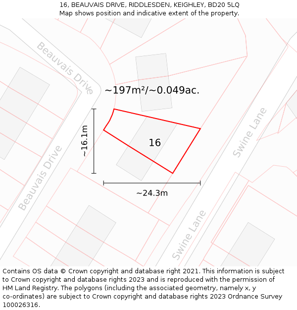 16, BEAUVAIS DRIVE, RIDDLESDEN, KEIGHLEY, BD20 5LQ: Plot and title map