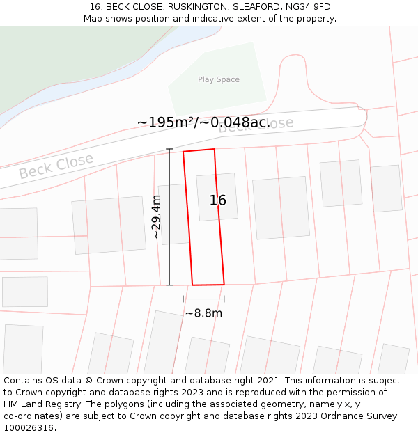 16, BECK CLOSE, RUSKINGTON, SLEAFORD, NG34 9FD: Plot and title map