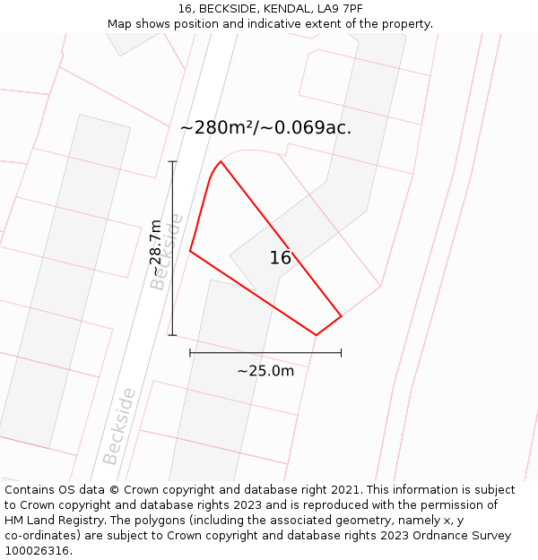 16, BECKSIDE, KENDAL, LA9 7PF: Plot and title map