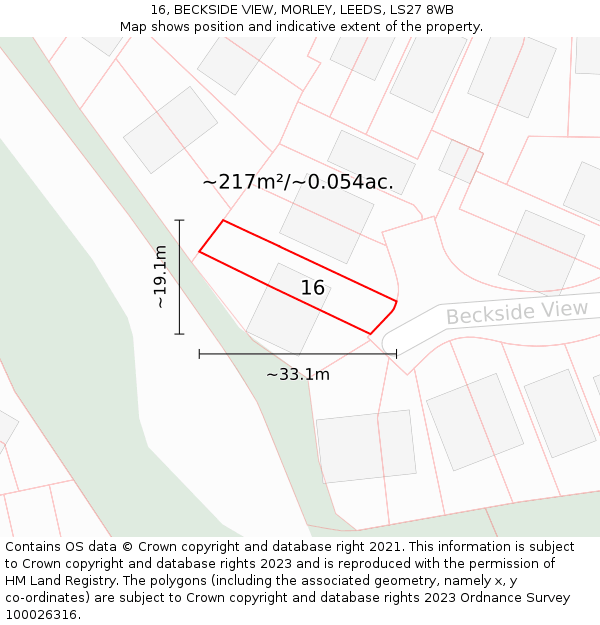 16, BECKSIDE VIEW, MORLEY, LEEDS, LS27 8WB: Plot and title map