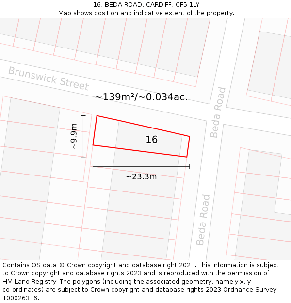 16, BEDA ROAD, CARDIFF, CF5 1LY: Plot and title map