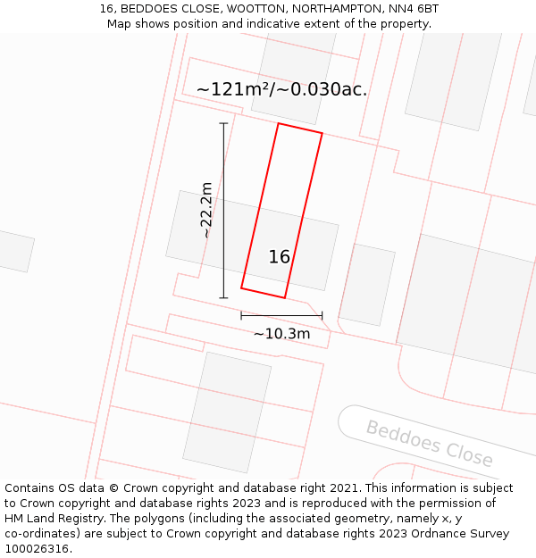 16, BEDDOES CLOSE, WOOTTON, NORTHAMPTON, NN4 6BT: Plot and title map