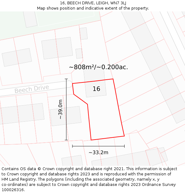 16, BEECH DRIVE, LEIGH, WN7 3LJ: Plot and title map