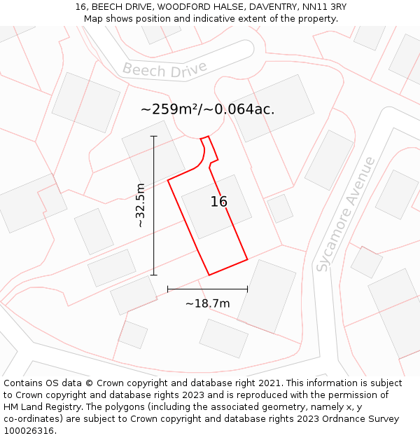 16, BEECH DRIVE, WOODFORD HALSE, DAVENTRY, NN11 3RY: Plot and title map