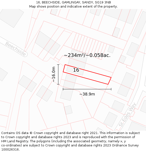 16, BEECHSIDE, GAMLINGAY, SANDY, SG19 3NB: Plot and title map