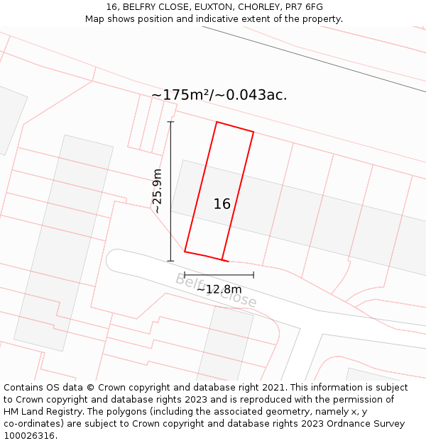 16, BELFRY CLOSE, EUXTON, CHORLEY, PR7 6FG: Plot and title map