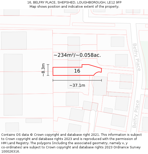 16, BELFRY PLACE, SHEPSHED, LOUGHBOROUGH, LE12 9FP: Plot and title map