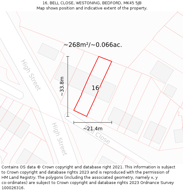 16, BELL CLOSE, WESTONING, BEDFORD, MK45 5JB: Plot and title map