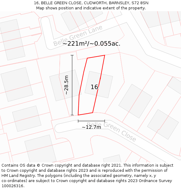 16, BELLE GREEN CLOSE, CUDWORTH, BARNSLEY, S72 8SN: Plot and title map