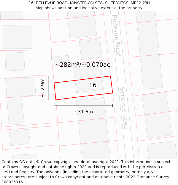 16, BELLEVUE ROAD, MINSTER ON SEA, SHEERNESS, ME12 2RH: Plot and title map