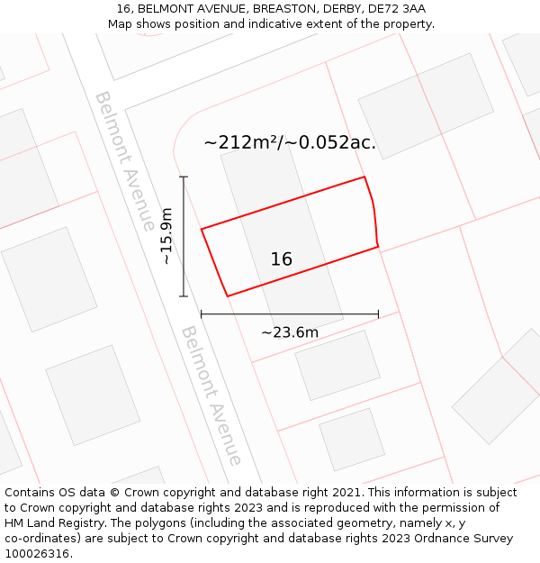 16, BELMONT AVENUE, BREASTON, DERBY, DE72 3AA: Plot and title map