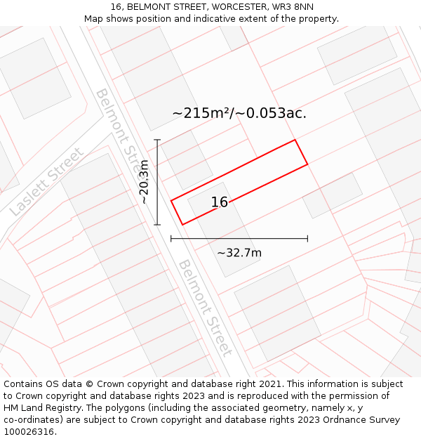 16, BELMONT STREET, WORCESTER, WR3 8NN: Plot and title map