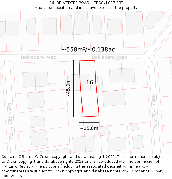 16, BELVEDERE ROAD, LEEDS, LS17 8BT: Plot and title map