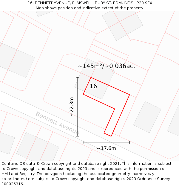 16, BENNETT AVENUE, ELMSWELL, BURY ST. EDMUNDS, IP30 9EX: Plot and title map