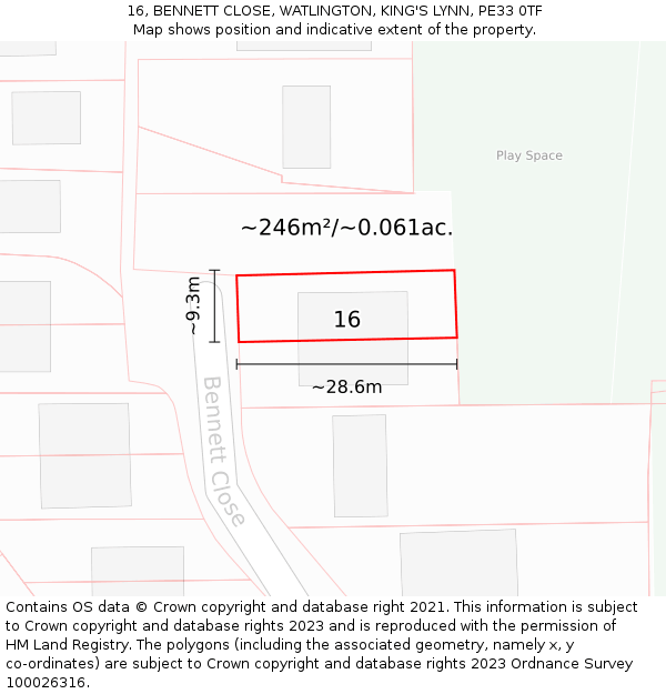 16, BENNETT CLOSE, WATLINGTON, KING'S LYNN, PE33 0TF: Plot and title map