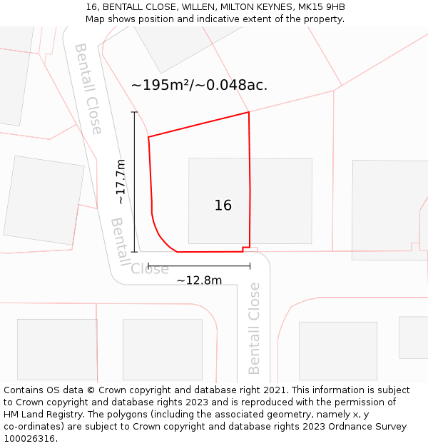 16, BENTALL CLOSE, WILLEN, MILTON KEYNES, MK15 9HB: Plot and title map