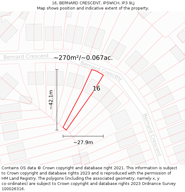 16, BERNARD CRESCENT, IPSWICH, IP3 9LJ: Plot and title map