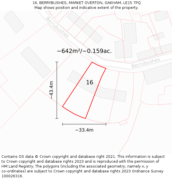 16, BERRYBUSHES, MARKET OVERTON, OAKHAM, LE15 7PQ: Plot and title map