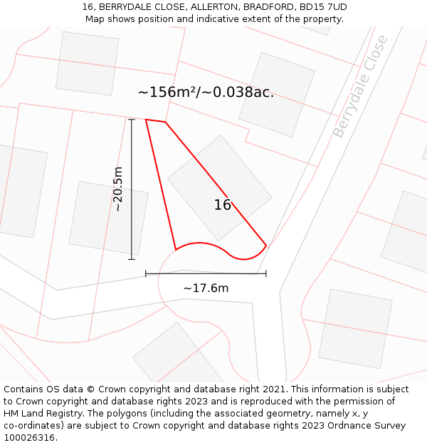 16, BERRYDALE CLOSE, ALLERTON, BRADFORD, BD15 7UD: Plot and title map