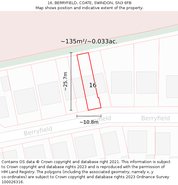 16, BERRYFIELD, COATE, SWINDON, SN3 6FB: Plot and title map