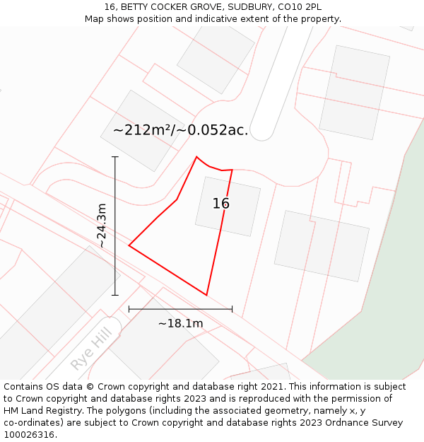16, BETTY COCKER GROVE, SUDBURY, CO10 2PL: Plot and title map