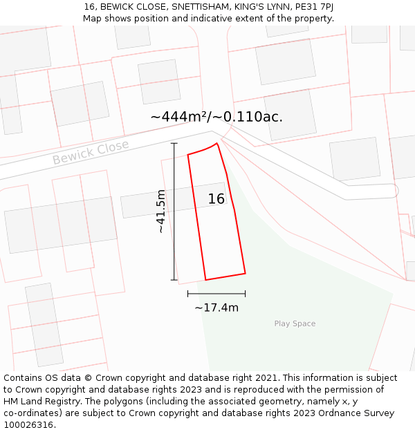 16, BEWICK CLOSE, SNETTISHAM, KING'S LYNN, PE31 7PJ: Plot and title map
