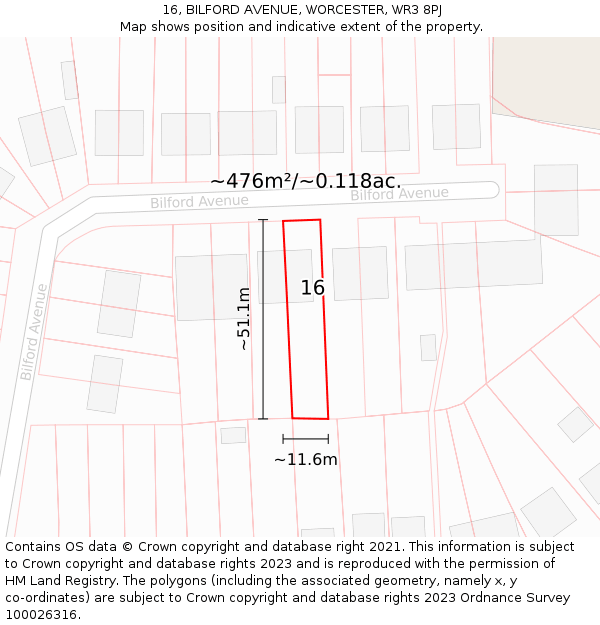 16, BILFORD AVENUE, WORCESTER, WR3 8PJ: Plot and title map