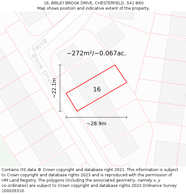 16, BIRLEY BROOK DRIVE, CHESTERFIELD, S41 8XN: Plot and title map