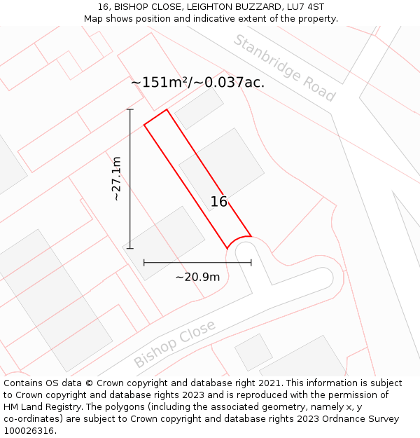 16, BISHOP CLOSE, LEIGHTON BUZZARD, LU7 4ST: Plot and title map