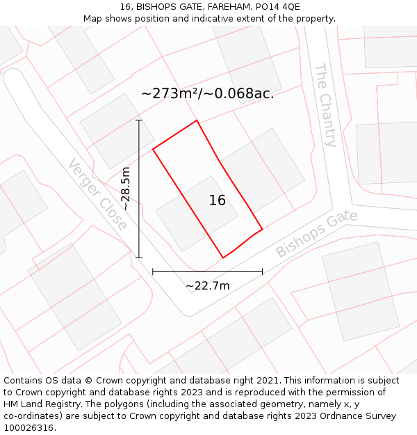 16, BISHOPS GATE, FAREHAM, PO14 4QE: Plot and title map