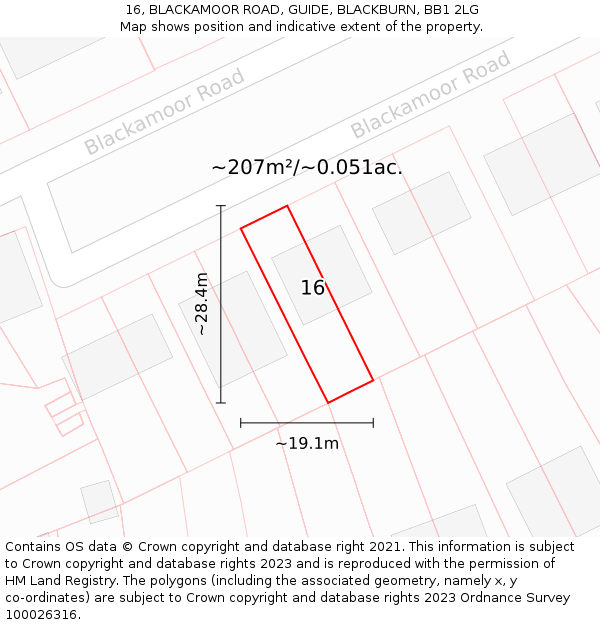 16, BLACKAMOOR ROAD, GUIDE, BLACKBURN, BB1 2LG: Plot and title map